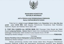 Tim Kuasa Hukum Tony-Antoni Resmi Ajukan Perselisihan Pilkada Lampung Selatan Ke MK RI