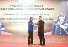 Pisah Sambut Kapolres Pesawaran, AKBP Maya Henny Serahkan Tongkat Komando kepada AKBP Heri Sulistyo