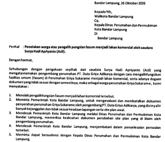 Polemik Fasum Griya Sukarame, Warga Surati Wali Kota dan Minta Perkim Periksa Legalitas Site Plan